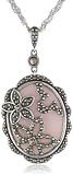 Sterling Silver Oxidized Marcasite and Pink Shell Flower Textured Oval Pendant Necklace, 18
