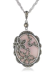 Sterling Silver Oxidized Marcasite and Pink Shell Flower Textured Oval Pendant Necklace, 18"