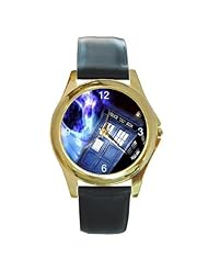 Dr Who " The Tardis " on a Gold Tone Watch with Leather Band
