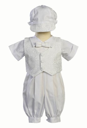 White Poly Cotton Christening Baptism Romper Set with Vest and