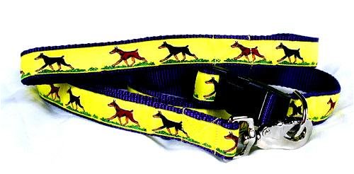 Designer Doberman Pinscher Dog Leash - Yellow Doberman Pinscher Leash- Four Feet Long - Made in USA
