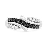 Platinum Plated Sterling Silver Black and White Round Diamond Bypass Fashion Ring (1/3 cttw)