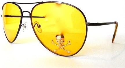 Yellow Lens / Gun Metal Frame Aviators Sunglasses, Gold Skull Bones Charms, Proudly Made in the USA, 6 Inches X 2 Inches