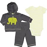 カーターズ（Carter's）【ネオンゾウさんパーカー3点セット】グレーぞうさんフード付ジャケット上下3点セットアップ 3months 3ヵ月用 60cm 半袖ボディースーツ