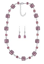 Necklace & Earring Set - N512 - Murano Style Glass Squares and Matching Earrings ~ Amethyst (Purple)