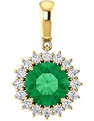 14K Yellow Gold 8.00mm Round Cut Chatham Created Emerald and Diamond Pendant -- LIFETIME WARRANTY
