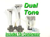 Chrome DUAL Trumpets 135db Air Horn Kit W/12v H.D. Compressor Plug-N-Blow Perfect for Small Areas | Train Horns for Trucks. Picture