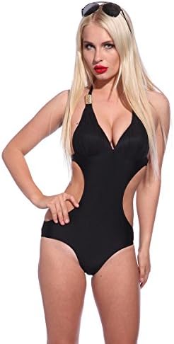Women's Monokini One Piece Cut-Out Swimsuit Halter Tie Neck Back Black Medium