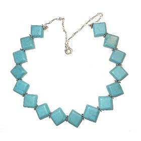Simply Stunning Sterling Silver Diamond Shape Grade A Turquoise Choker Necklace 17"