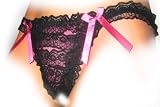 Intimaxy "Fancy in Frills" Black Open Crotch Thong with Hot Pink Bows