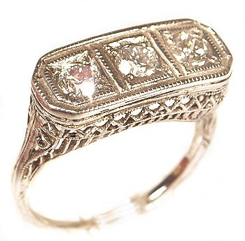 14k White Gold Edwardian Style Filigree 3 Stone Moissanite Ring