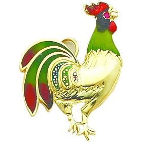 14K Yellow Gold Enameled Rooster w Ruby Pin Jewelry by FindingKing