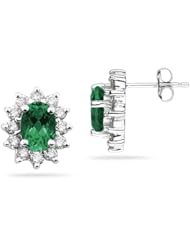 7X5mm Oval Shaped Emerald and Diamond Flower Earrings in 14k White Gold