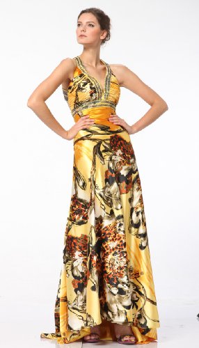 2147 SATIN BEADED PRINT EVENING PROM LONG GOWN