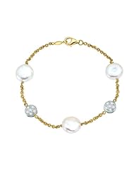 Unique 14K Yellow gold station bracelet with White diamonds and White pearls