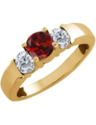 1.10 Ct Round Red Garnet and White Diamond 18k Yellow Gold Ring