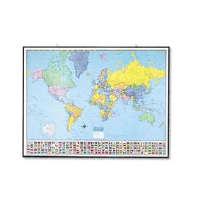 American Map 715723 Heritage full-color laminated political world map, black metal frame, 50wx39h