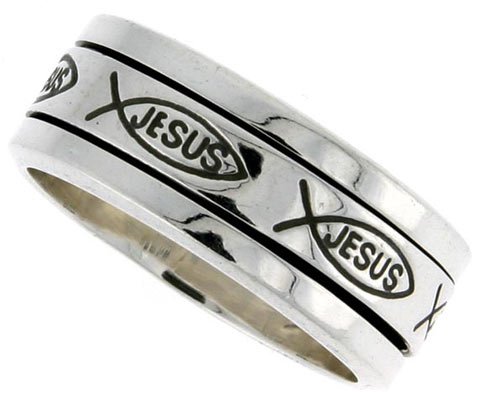 5/16 (8 mm) Sterling Silver Christian Fish Design Spinner Ring