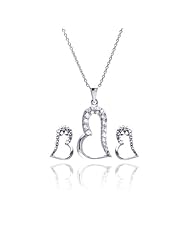 Nickel Free Sterling Silver Pendant & Earring Sets Sideway CZ Open Heart Set