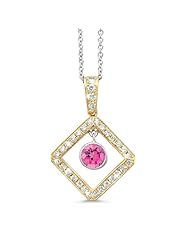 Diagonal Square And Circle Diamond Pendant In 18K Yellow Gold With A 0.55 ct. Genuine Pink Tourmaline Center Stone.
