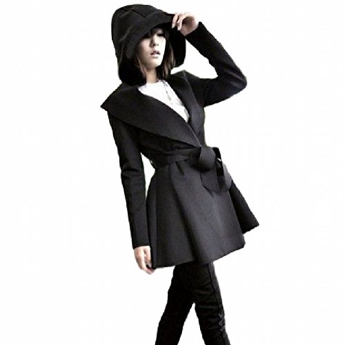(バハギア) Bahagia フード付き スプリングコート ブラック アウター トレンチコート コート 薄手 上着 羽織り ジャケット パーカー ファッション カジュアル レディース Aライン 長袖 黒