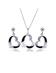 Nickel Free Sterling Silver Pendant & Earring Sets Black And White Mother Of Pearl With CZ Open Heart Set