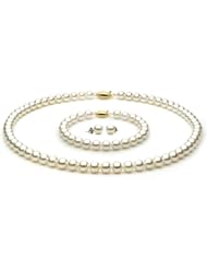 14k Gold 6.5-7mm White Akoya Saltwater Cultured Pearl Set AAA Quality, Set Includes Necklace, Bracelet, & Earrings