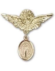 14K Gold Baby Badge with St. Barnabas Charm and Angel with Wings Badge Pin
