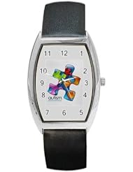 Autism Puzzle Piece on a Barrel Watch with Leather Band