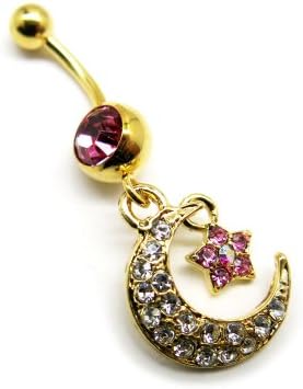 [Body Jewelry] 316L Surgical Steel Navel Jewelry - Crescent Moon with Star (Gold Plated w/ Pink Stone)