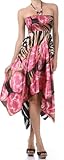 IMAGE OF FOSatin001A-5331 Zebra Inspired Floral Design Satin Feel Beaded Halter Smocked Bodice Handkerchief Hem Dress - Pink / Medium