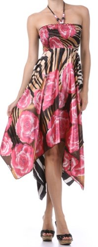 Cheap Zebra Inspired Floral Design Satin Feel Beaded Halter Smocked Bodice Handkerchief Hem Dress (2 Colors)