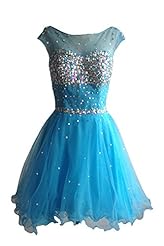 Plus Size Junior A-line Short Cap Sleeves Beaded Backless Crystal Sheer Tulle Homecoming Dress/Prom Dress/Party Dress 