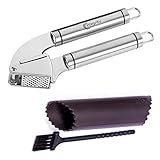 Integrity Collection - Stainless Steel Garlic Press Kit - Crushes Easily - Silicone Peeler Tube - Professional Chef Quality with Cleaning Brush - Best Mincer Set for Garlic Cloves and Ginger