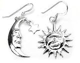 Sun with Moon and Star Sterling Silver Hook Earrings