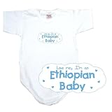 BABY BODYSUIT WHITE LIGHT BLUE CLOUD LOVE ME , I'M ETHIOPIAN ETHIOPIA 12 - 18 Months