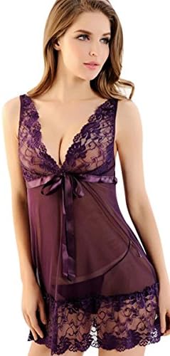 Faybaby Women's Lingerie Lace Babydoll Sleepwear Lace Splicing Chemises, Purple, M