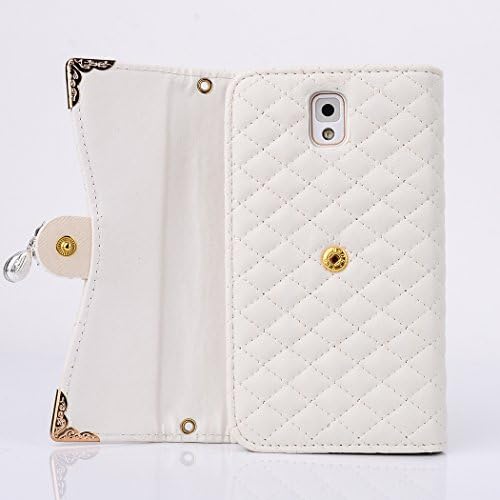 Galaxy Note 3 Case,HYAIZLZ(TM)Grid Pattern Wallet Leather Flip Crystal Color Pendants Case For Samsung Galaxy Note 3 With Long Chain,White