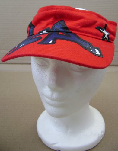 Red Visor with USA ironed on in Navy Blue and 2 stars white colored stars outlined in navy blue on the front / has velcro head adjustment / manufactured by Sprouse p r e o w n e d