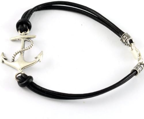 Sterling Silver Anchor Bracelet with Black Leather Cord