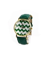 Popular Geneva Stripes Watch PU Leather Woman Man Analog Quartz Wrist Watches（Dark green）