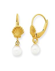 MadiK® 14k Yellow Gold Shell with FW Cultured Pearl Leverback Dangle Earrings