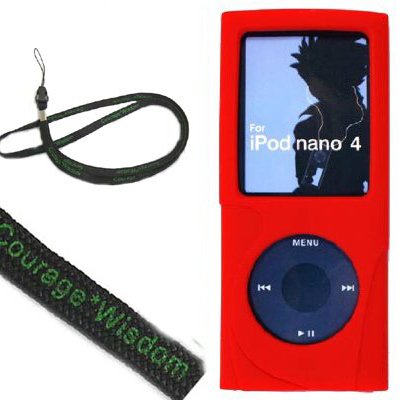 (4 in 1 Nano Deluxe Package)New Ipod Nano 4 Silicone Skin Case Cover (open Click Wheel) with Screen Protector for the New Apple iPod Nano NanoChromatic 4th Generation 8gb 16gb (Ipod Nano mp3 player not included) + Travel Charger for new ipod nano + BONUS Widsom*Courage Neckstrap, Red Curve