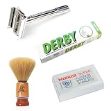 SF402-Shaving Factory DE Safety Razor, Hand Made Shaving Brush, Derby Shaving Cream(Menthol Scent) and 10 Merkur Platinum Double Edge Razor Blades. Great Gift Set for Men.