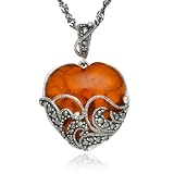 Sterling Silver Marcasite and Orange Glass Heart Pendant, 18
