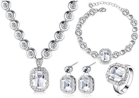 "River Rhine" ChongErfei SWAROVSKI ELEMENTS Crystal Strand Necklace Bracelet Earrings Rings 4 in 1 Jewelry Set 16" for Valentine's Day Gift (white)