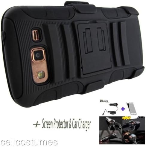 Black Heavy Duty Rugged Armor Hybrid Case Cover w/ Belt Clip Holster for Samsung Galaxy Grand 2 G7102/G7105 + Screen Protector & Car Charger [In CellCostumes Retail Packaging]