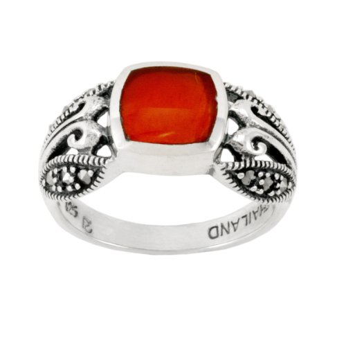 Sterling Silver Marcasite Carnelian Band Ring, Size 6