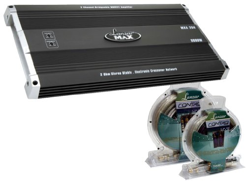 Lanzar Mega Amplifier/Installation Package for Car/Truck/SUV -- MXA284 5000W 2 Channel Bridgeable MOSFET Amplifier + LQ43 Contaq 4 Gauge Power and Speaker Amp Kit.