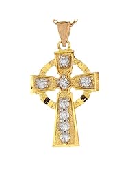 10k Yellow Gold White CZ Lovely Celtic Cross Religious Charm Pendant